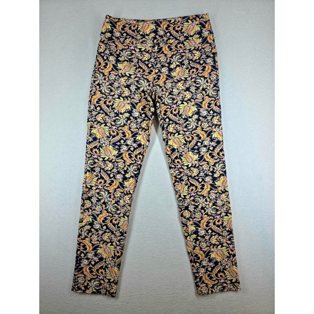 Elliott Lauren Floral Paisley Ankle Pants Navy Orange Yellow Stretch Size 6